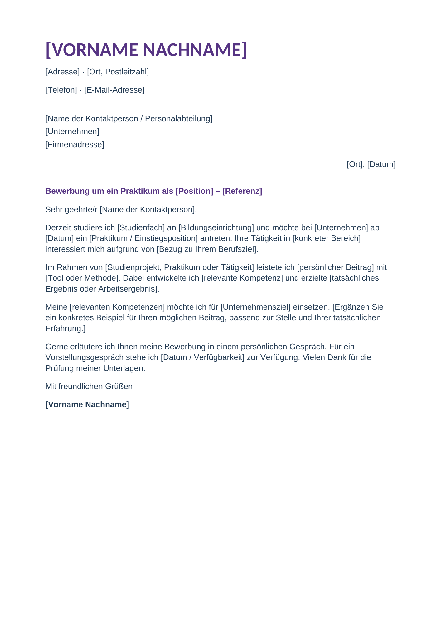 Bewerbungsschreiben für Studium und Praktikum