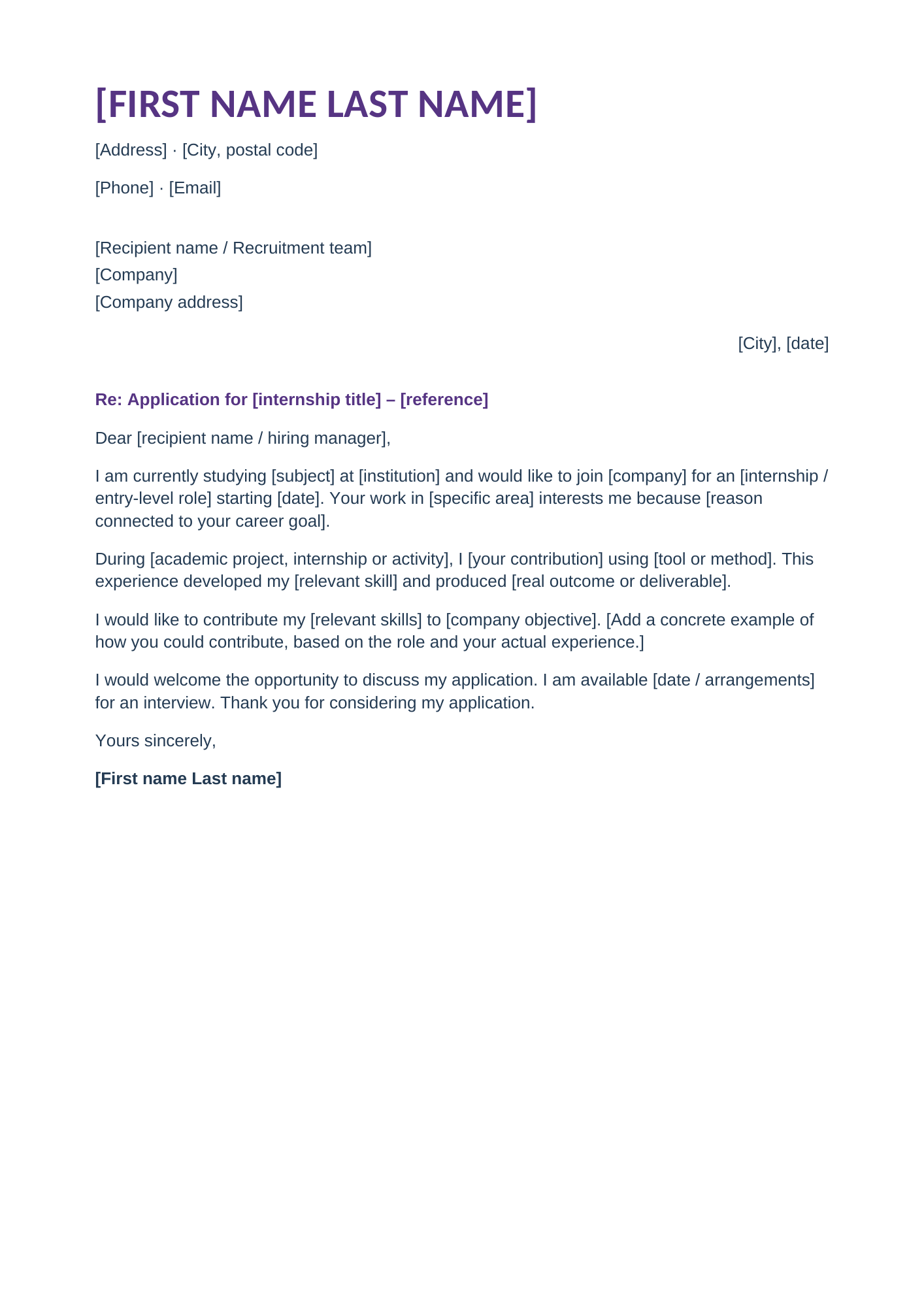 Student and internship cover letter template