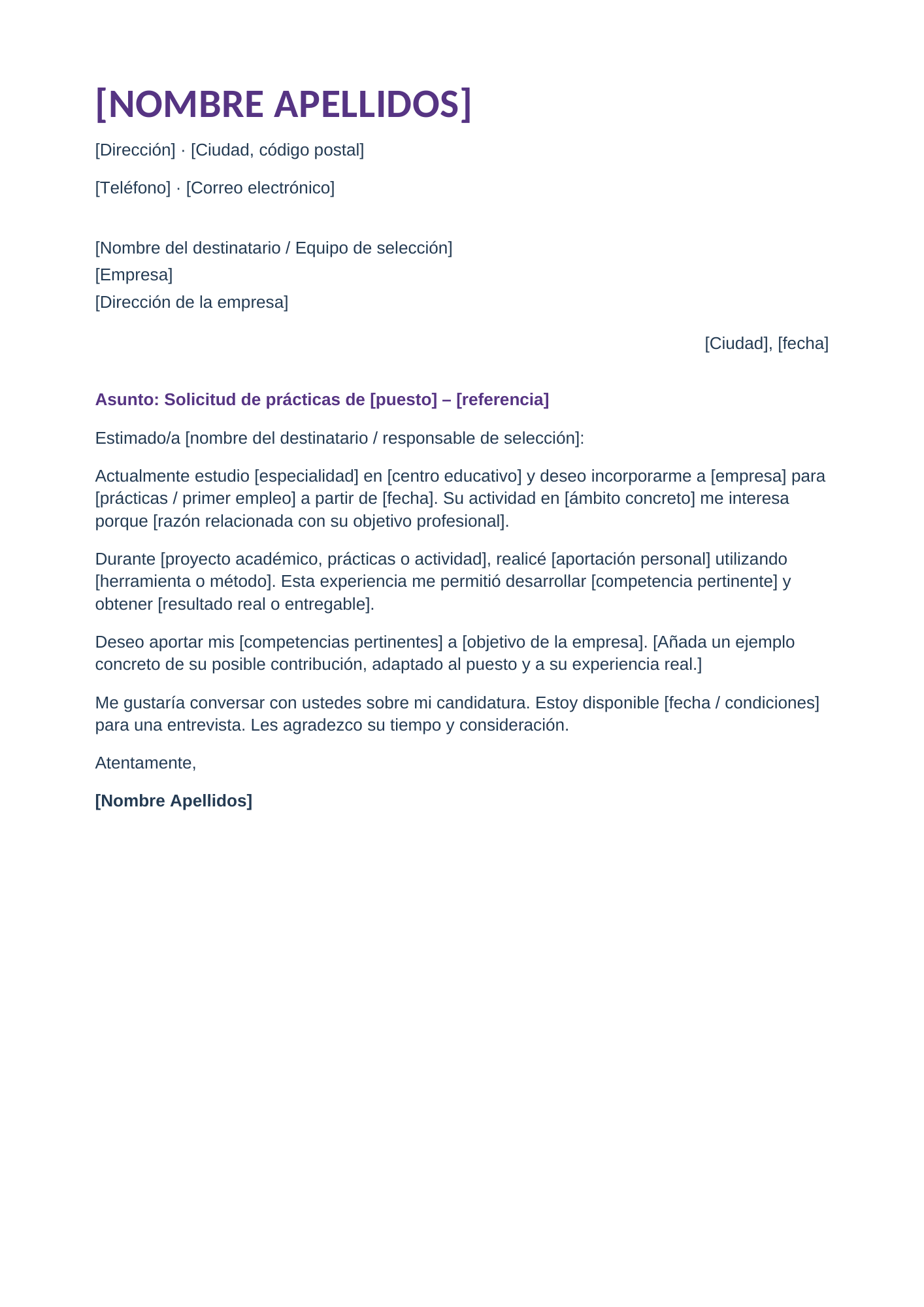 Carta de presentación para estudiantes y prácticas