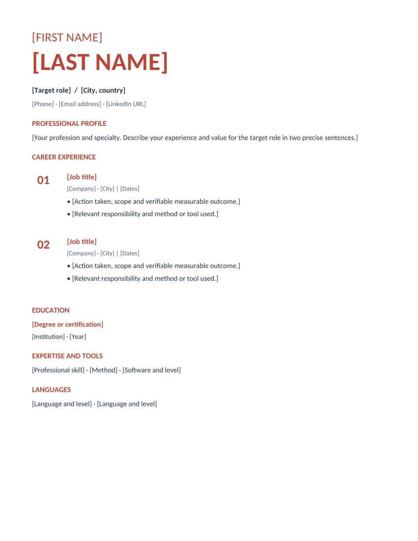 Editorial resume template in coral