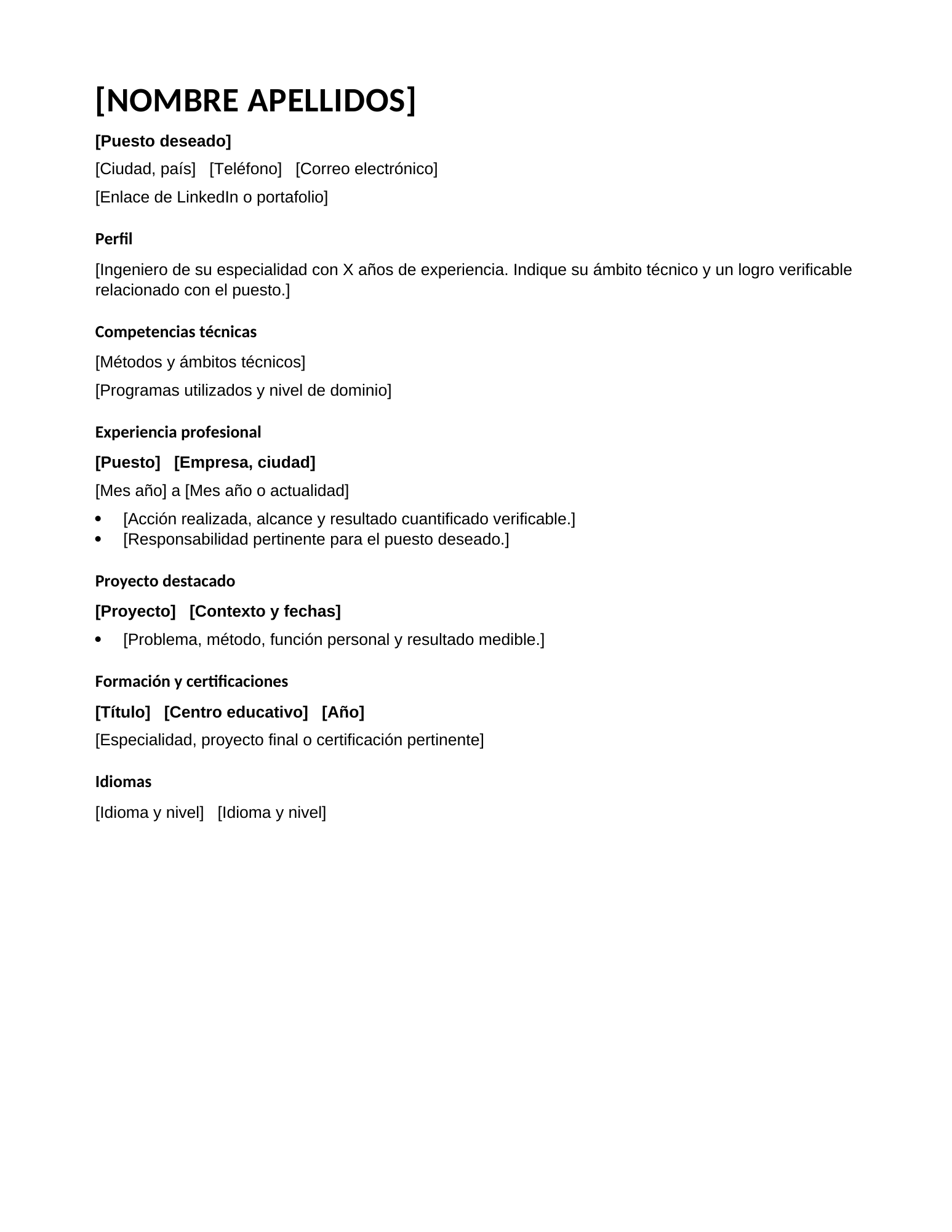 Plantilla de currículum para ingenieros