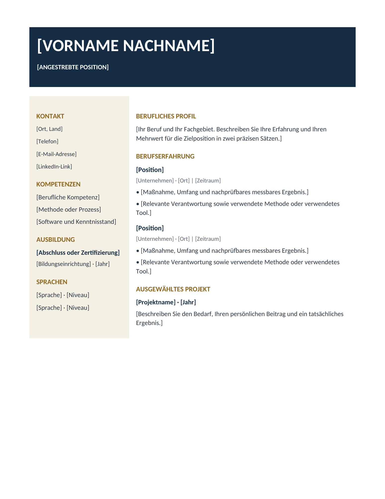 Executive-Lebenslauf in Marineblau und Gold