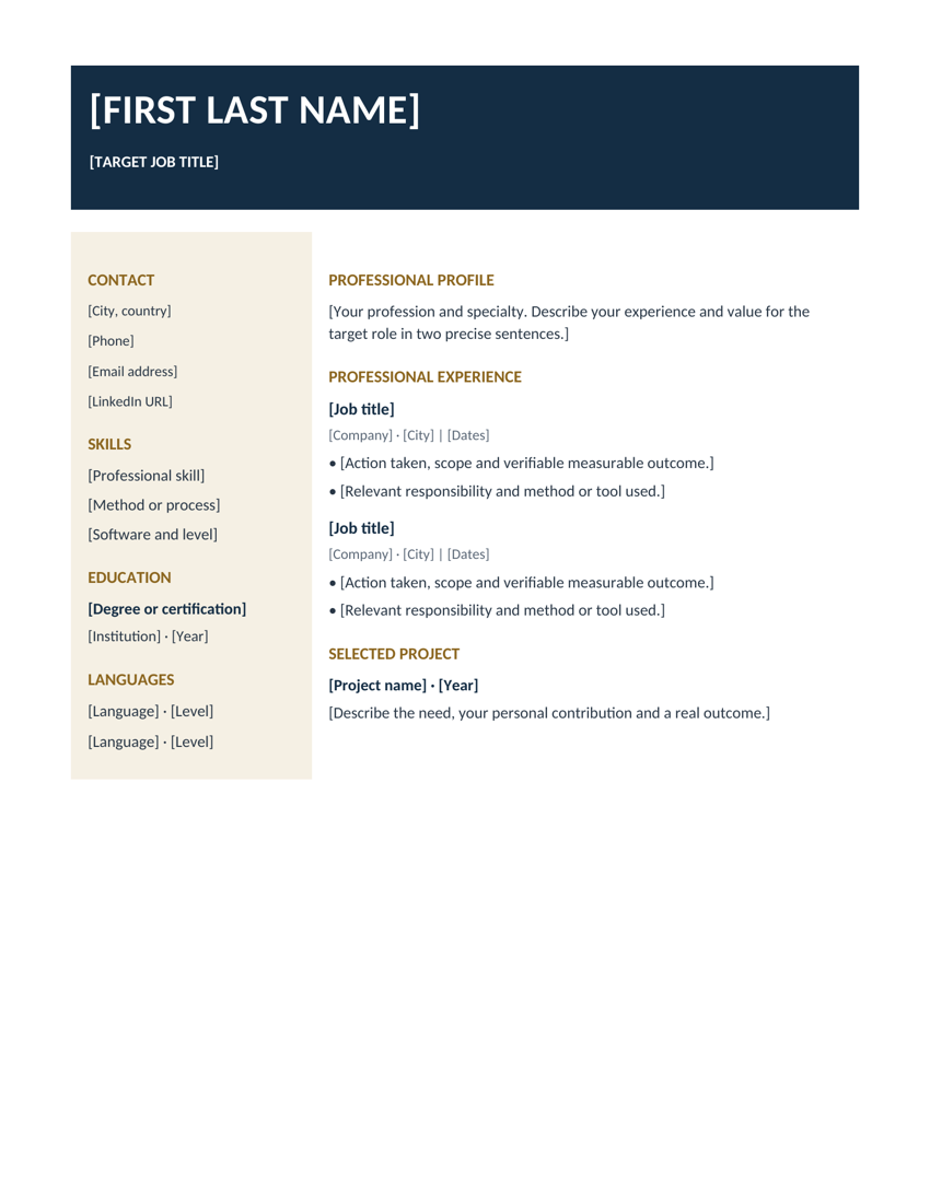 Executive resume template in navy and gold