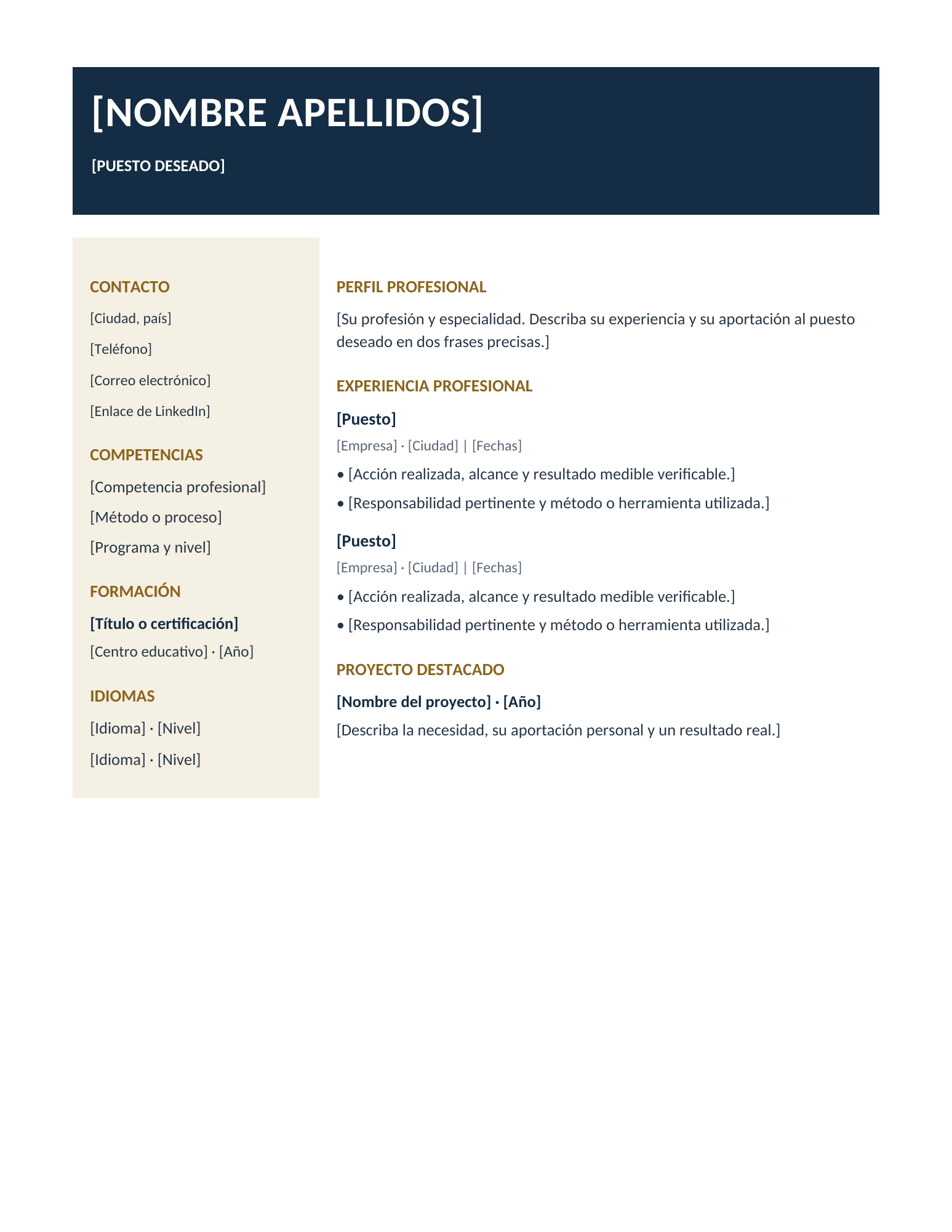 Currículum Executive en azul marino y dorado