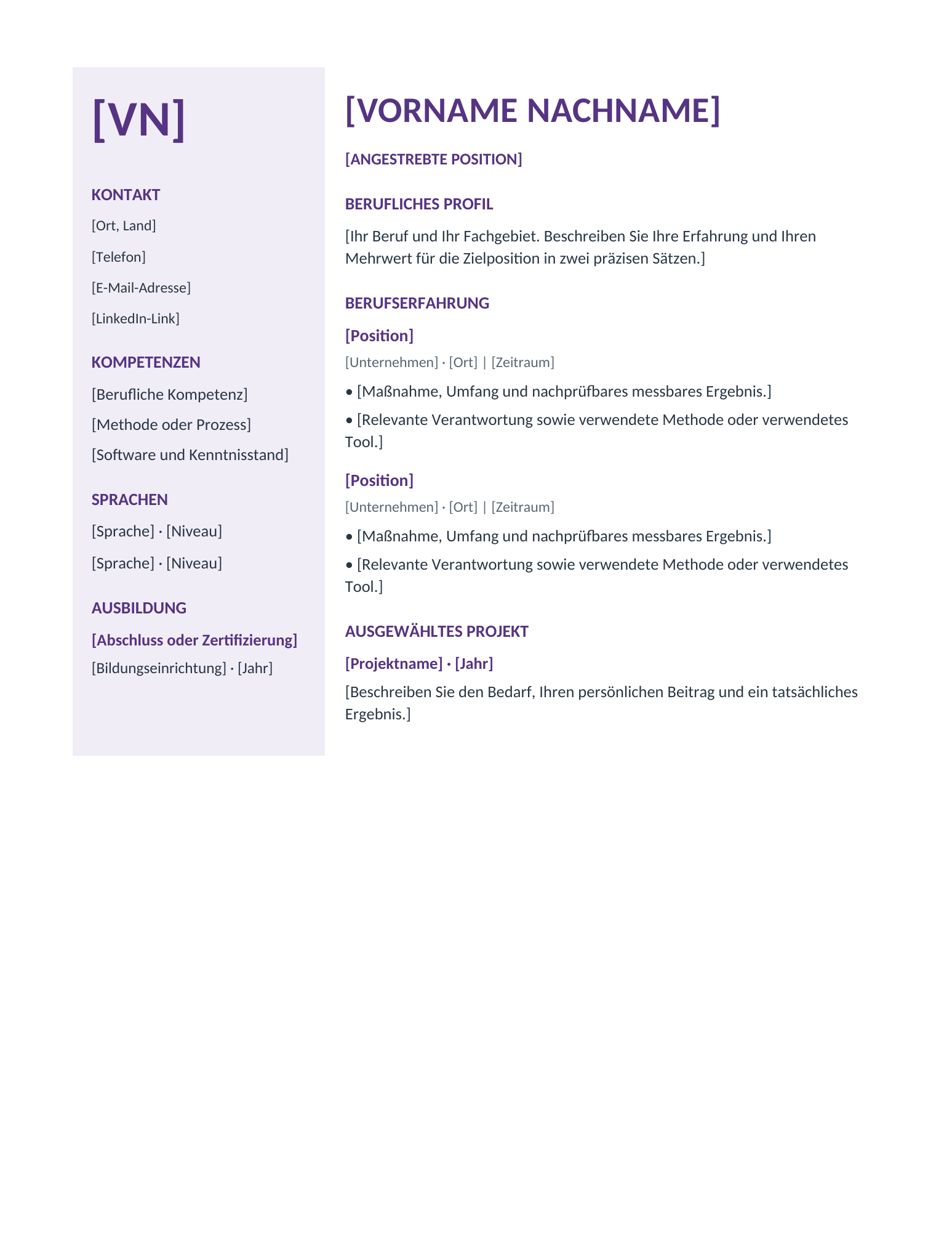 Studio-Lebenslauf in Violett