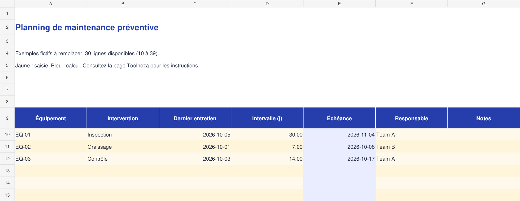 Aperçu réel du modèle : Planning de maintenance préventive
