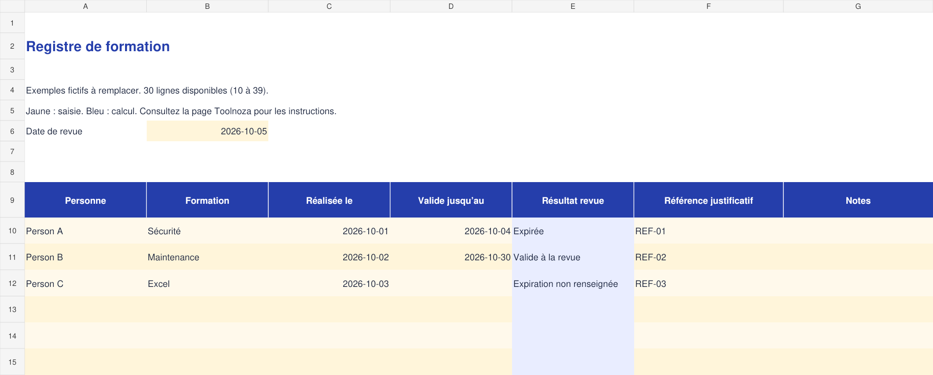 Aperçu réel du modèle : Registre de formation